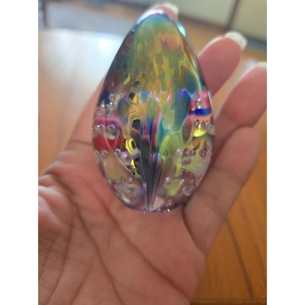 Vtg. 1991 Glass Eye Studio GES Iridescent Egg-Shaped Paperweight Signed